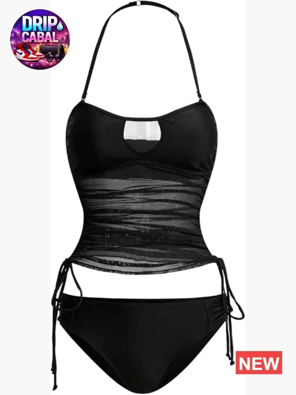 Women's Halter Tankini Set Cut Out Sheer Tie Side High Cut Swimsuit 2 Piece